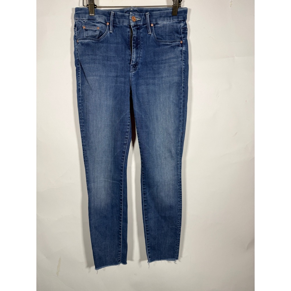 Mother High Waisted Looker Ankle Fray Skinny Jeans Medium Wash Blue Raw Hem